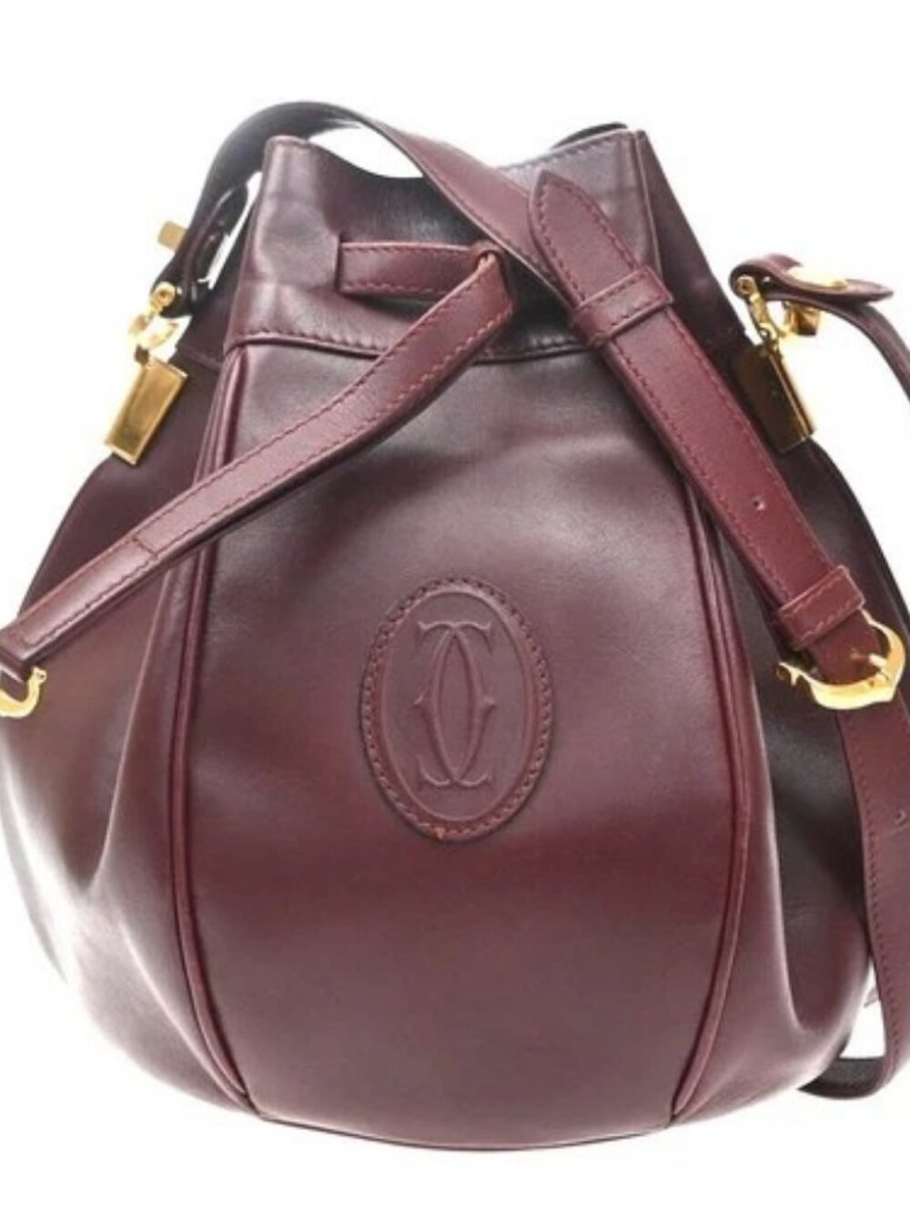 MUST DE CARTIER 2C Logo Shoulder Bag Leather Red Bordeaux GHW Spain 67KD746